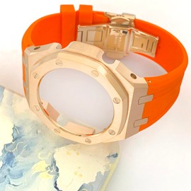 Ga2100 Band Case Strap Mod Kit,Pink Gold Stainless Steel Metal Case Bezel 9 match Color Silicone Band Strap Parts Compatible With Casio G shock Ga-2100 Ga-2110 GAB-2100 (Orange Silicone Band)