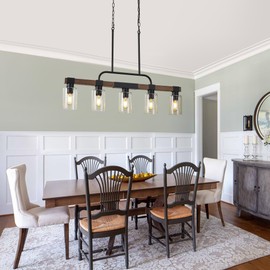 Farmhouse Dining Room Light Fixture ，Rustic Ceiling Pendant Light Fixtures，5-Light Wood Kitchen Island Lighting/Chandelier Over Table,Hanging for Linear Chandeliers,with Clear Glass lampshade