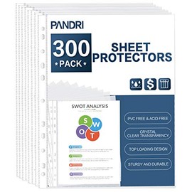 Sheet Protectors, PANDRI 300 Pack Clear Heavy Duty Plastic Page Protectors Sheet Reinforced 11-Hole Fit for 3 Ring Binder Fits Standard 8.5 x 11 Paper, 9.25 x 11.25 Top Loaded, Acid Free