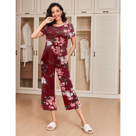 Ekouaer 2 Pack: Women's Set Short Sleeve Pj Top Capri Pants - Pajamas Sets Lounge & Sleepwear Set Black/Wine Flower,Large