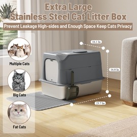Odor Control Stainless Steel Litter Box with Lid,XL Cat Litter Box Enclosed 23.7"*16.1"*16.8" Covered Metal Litter Tray with Litter Mat and Scoop 3in1 Litter pan for Big Cat Kitty Kitten