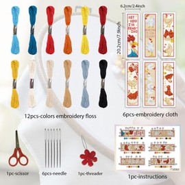 ORIGACH 6 Pcs Cross Stitch Bookmark Kit for Beginner Adults, Cute Chicks and Words Stamped Embroidery Bookmark Kit with Instruction for Starters Printed Cross Stitch DIY Kits for Book Lovers
