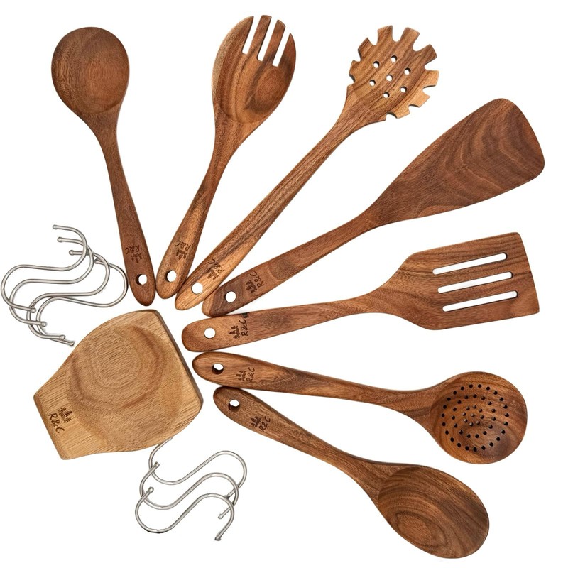 R&C 9-Piece Wooden Kitchen Utensil Set – Premium Teak Cooking