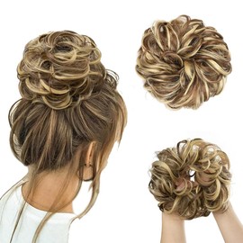 Messy Bun Hairpieces with Elastic Band, Large Bun Hairpiece Hair Scrunchie with Curly Hair, Synthetic Hair Extensions, Ponytail Hair (86H10# (Light Blonde Mixed Light Brown))