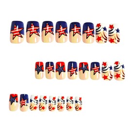 NZRAESTRS 24Pcs 4th of July Patriotic Press-on Nails - Medium Square Plastic False Nails with Independence Day Star Designs - Full Cover French Tip Stick on Nails for Women