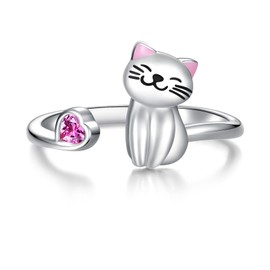 Cute Cat Ring Sterling Silver: 925 Adjustable Cute Kitty Animal Jewelry Gift for Women Cats Lover