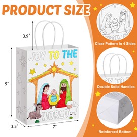 Kolldenn 16 Pcs Christmas Nativity Scene Coloring Bags Color Your Own Christian Paper Gift Bags with Handles Religious Christmas Bags Joy to The World Goodie Bag for Holy Xmas Party Favors