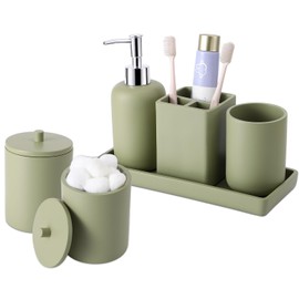 Resin 6 Pcs Green Bathroom Set Complete with Toothbrush Holder, Lotion Soap Dispenser, 2 Qtip Holder Dispensers,Vanity Tray,Bathroom Tumbler - Countertop Vanity Organizer - Bathroom Accessories