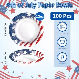 100Pcs 4th of July Paper Bowls 12Oz Disposable American Flag Patriotic Dessert Bowls Red Blue White Stars and Stripes Decorative Soup Bowl for Veterans Day Independence Memorial Day Party Supplies