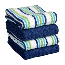 T-fal Premium Kitchen Towel (4-Pack), 16"x26" Highly Absorbent, Super Soft Long Lasting 100% Cotton Solid/Check Hand Towels, Tea Towels, Blue