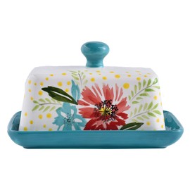 Ceramic Butter Dish with Lid, Wisenvoy Hand Painted Flower Design Butter Keeper with Handle For Kitchen Storage & Decor or Gift Idea, Jade Green