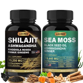 LOCRED Shilajit 15250mg & Sea Moss 19445mg Combo Pack - 60 Count Each with Black Seed Oil, Ashwagandha, Ginger, Rhodiola Rosea