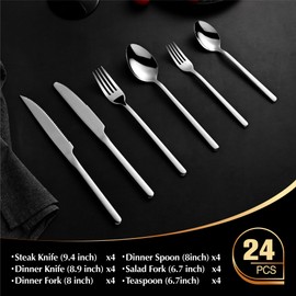 KINGSTONE 24-Piece Silverware Set with Steak Knives, Flatware Set for 4, Stainless Steel Tableware Cutlery Set for Home Restaurant, Mirror Finish,Modern Design