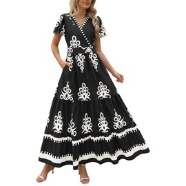 PRETTYGARDEN Womens Summer Casual V Neck Boho Maxi Dress Flowy Aline Bell Sleeve Tiered Floral Dresses with Pocket (Floral Black White,Medium)