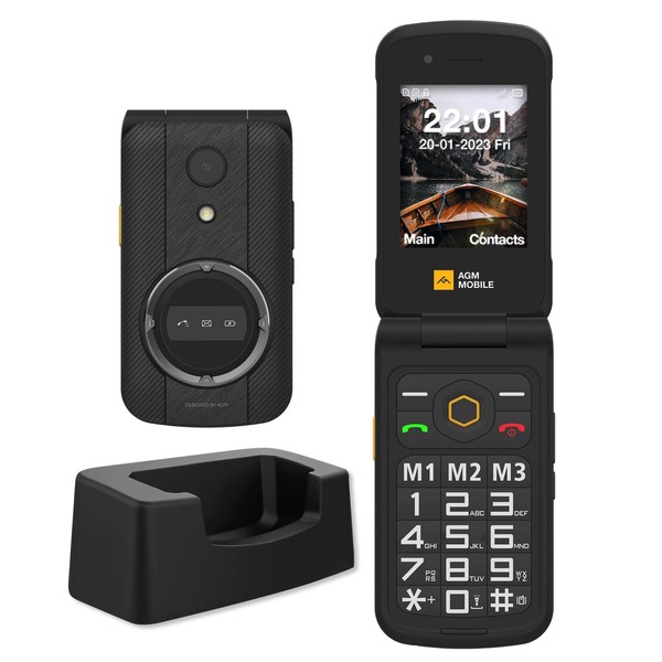 AGM M8 FLIP Flip Mobile Phone without Contract, 4G Senior Mobile Phone with Large Buttons, Waterproof/Drop-Proof, SOS, Compatible with Hearing Aids, 1500mAh, 104dB Speaker, Dual SIM Black