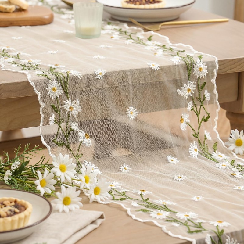 Artoid Mode Daisy Floral Beige Apricot Shaped Gauze Embroidery Table