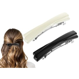 2 Pcs 2.56 Inch French Barrette Hair Clips for Women, Small Tortoise Shell Hair Clip, Curved Glossy Thin Hair Flat Hair Accessories for Women Girls(Black, White)