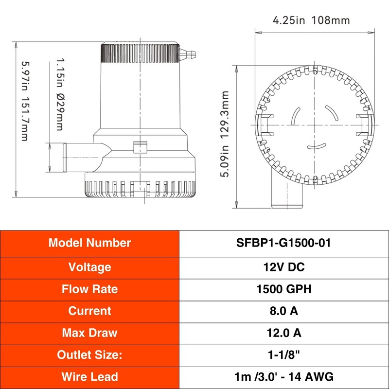 SEAFLO 01 Series 1500 GPH Bilge Pump – 12V, 1-1/8"