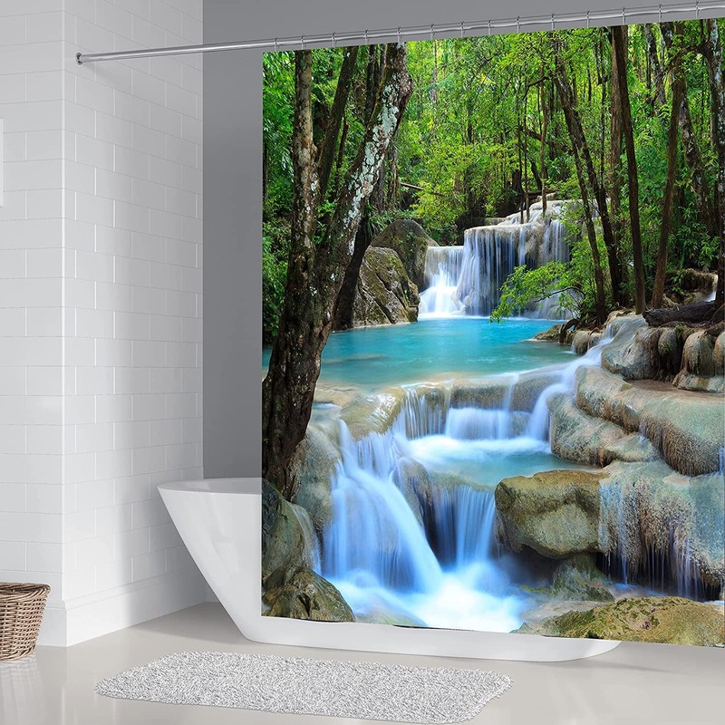 DDS-DUDES Waterfall Shower Curtain, Garden Spring Natural Scenery Forest Waterproof
