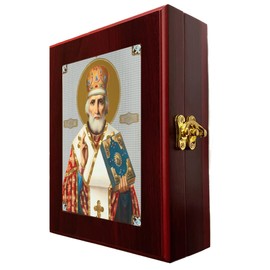 Needzo Saint Nicholas Icon Wall Hanging or Table Box, St Nicholas With Crown, Keepsake Wooden Framed Icon Box, Religoius Decoration Gift 7 1/2 Inch