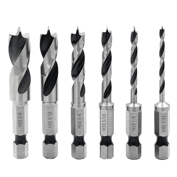 Saipor 6pcs 1/4" Quick Change Hex Shank Wood Brad Point