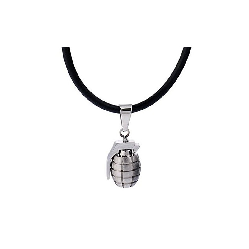 DonDon Rubber Necklace with Hand Grenade Pendant Stainless Steel in