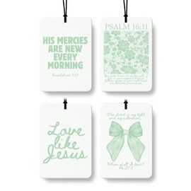 FISWAFY Green Coquette Bow Floral Christian Car Air Freshener 4 Pcs, Preppy Girly Religious Hanging Air Freshener for Cars Closet Drawer Books, Cute Christian Car Accessories Mirror Decor for Women