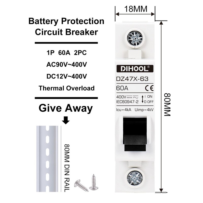 DIHOOL 60 Amp dc Circuit Breaker, 2pcs Solar Disconnect Switch
