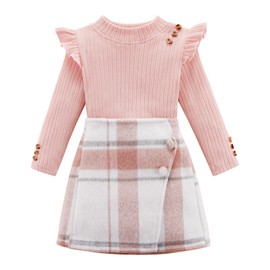 Toddler Girl Clothes Baby Ruffle Ribbed Long Sleeve Ruffle Button Tops + Plaid Skirt Set Kids Girl Fall Winter Outfits 2-6 Years