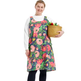 APRONNER Cross Back Plus Size Linen Aprons for Women with Pockets Blend Dress for Baking Cooking Gardening Works Red Tulips