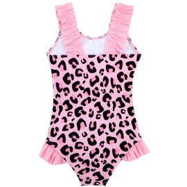 XiaoMoSha Girls Swimming Costume with Ruffle Straps Cute Stretchy Beach Swimwear Quick Dry Bathing Suit for Kids, PinkLeopard, 4-5 Years