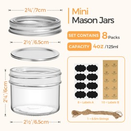 ComSaf ComSaf Mini Mason Jars 4oz - 8 Pack, Regular Mouth Mason Jar with Lids and Seal Bands, Small Glass Canning Jar for Spice, Jam, Honey, Jelly, Dessert, Shower Wedding Favors, DIY Candles Decor