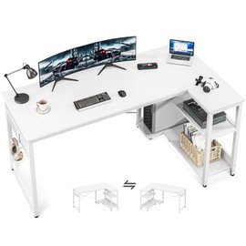 Casaottima L Shaped Computer Desk, 55 Inch Small Corner Desk with Storage Shelves & PC Stand, Reversible Gaming Desk for Bedroom, Modern Writing Study Table for Home Office, White