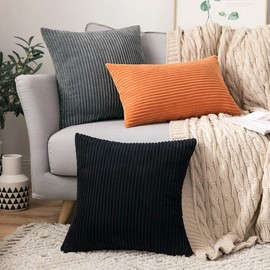 MIULEE Set of 2 Striped Corduroy Square Throw Pillow Case Soft Cushion Covers Sham Home for Sofa Couch/Bedroom Decorative Fluffy Large Pillowcases 18x18 Inch 45x45cm Black
