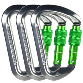SEPEAK UIAA CE 30kN Locking Climbing Carabiner, Professional Heavy Duty Screwgate Clip for Outdoor Climbing, Mountaineering, Rappelling, Camping, Hiking, Swing, Large D Carabiner Hook/6744lb,3pc,Green