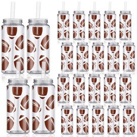 Domensi 24 Pack Cups 14.2 oz Plastic Tumbler with Lid and Straw Clear Reusable Cups with Lids and Straws Cups for Birthday Sports Themed Party Supplies(Football)