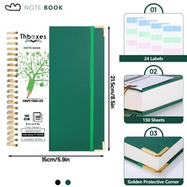 Thboxes A5 Notebook Lined, 300 Pages A5 Notepad Spiral Notebook, 100GSM Thick Paper Hardback Notebook for Women Men Office School, 24 Labels, 15 X 21.5 cm, Dark Green