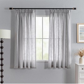 MYSKY HOME Short Linen Look Curtain Living Room Curtain with Ruffle Tape Semi-Transparent Curtain Set of 2 H 160 x W 140 cm Natural Style Curtain Semi-Transparent Linen Curtains Light Grey