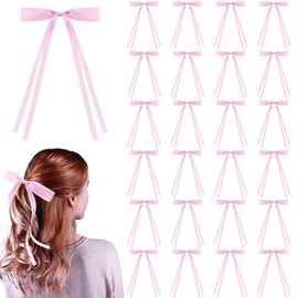 24 PCS Pink Hair Bows Clips Ribbon,Mini Satin Hair Bows With Long Tail for Women and Girls Hairstyle Accessory Gift (Pink)