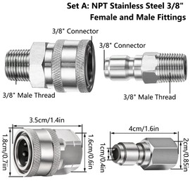 Pressure Washer Adapter Stainless Steel Male and Female Quick Connections Inner and Outer Hole Washer Coupling for Hose Pump Ball Valve (3/8" NPT)