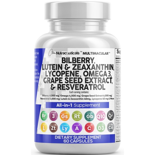 Eye Health Vitamins with Bilberry 6000mg Lutein & Zeaxanthin 40mg Lycopene 40mg Resveratrol 3000mg Grape Seed Extract 6000mg Omega 3 4000mg Astaxanthin - Eye Vitamin - 60 Capsules