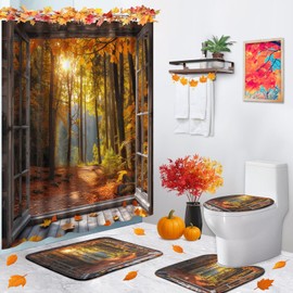 Arttown Fall Window Shower Curtain Set with Toilet Lid Cover and Non-Slip Rugs, Autumn Maple Leaves Forest Home 4 Pcs Shower Curtains for Bathroom Decor Accessories