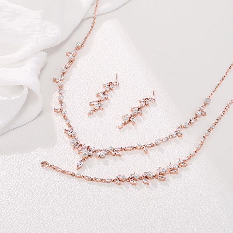 EleQueen Gorgeous Pearl Jewelry Set for Women Bride Bridesmaid, Rose