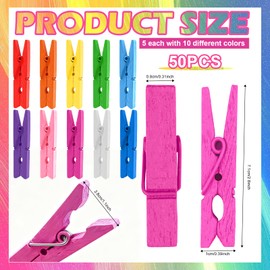 eggigi 50 Pcs Colored Wooden Clothespins - 2.9In 10-Color Small Wooden Clips for Crafts, Photo Hanging, Home Decor & DIY Projects, Durable Multi-Purpose Fasteners