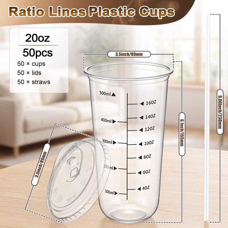 50 Set 20oz Ratio Lines Plastic Cups with Sip Lids