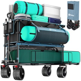 400L Large Capacity Folding Double Decker Wagon with Brakes, 50" Extra Long Extender Cart, 500lbs Heavy Duty Collapsible Wagons, All-Terrain Big Wheels for Camping, Sports, Shopping. Blue