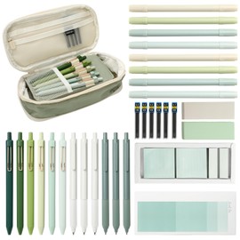 JarThenaAMCS Green Stationery Set with Pencil Bag 6pcs Gel Ink Pen 6pcs Retractable Pencil 6pcs Refill 8pcs Highlighter 2pcs Eraser 480 Sheets Sticky Note for Student Office Supplies