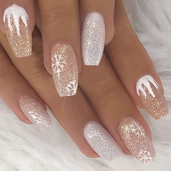 MERVF Christmas Press on Nails Medium Coffin Fake Nails Snowflake