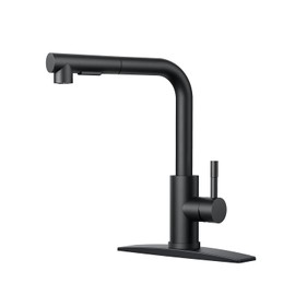 FORIOUS Black Kitchen Faucet with Pull Down Sprayer, Stainless Steel Single Handle Classic Pull Out Bar Sink Faucet for Farmhouse Laundry RV, with Deck Plate for 1 or 3 Holes