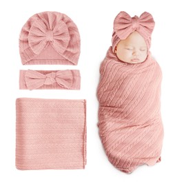 BQUBO Newborn Receiving Blanket Toddler Warm for Girls with Matching Bow Hat and Bow Headband Shower Gift